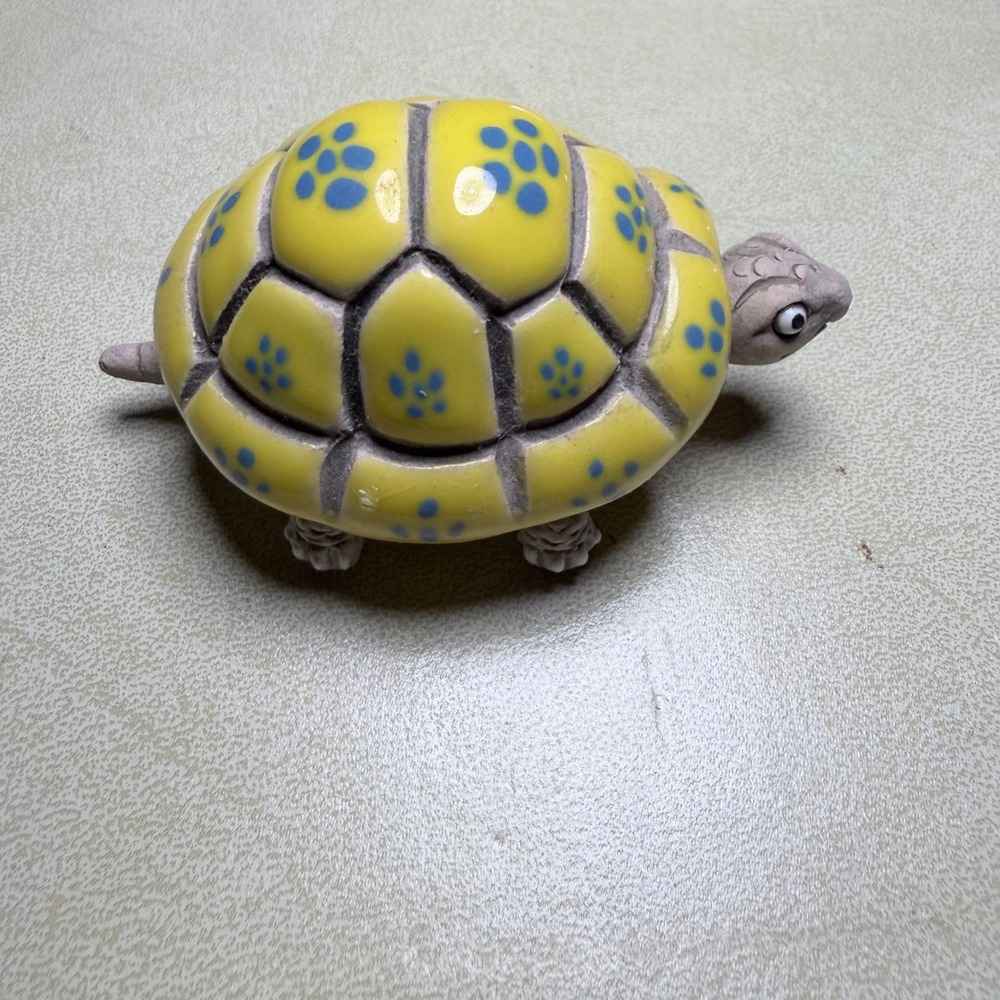 Yellow Ceramic Turtle Figurine Blue Polka Dot Shell Bobble Legs Tail Decor